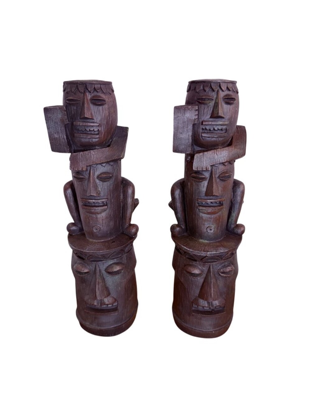 Pair of "Gods of the Three Pleasures" Tiki Totem Statues - Faux Wood Tone Fini